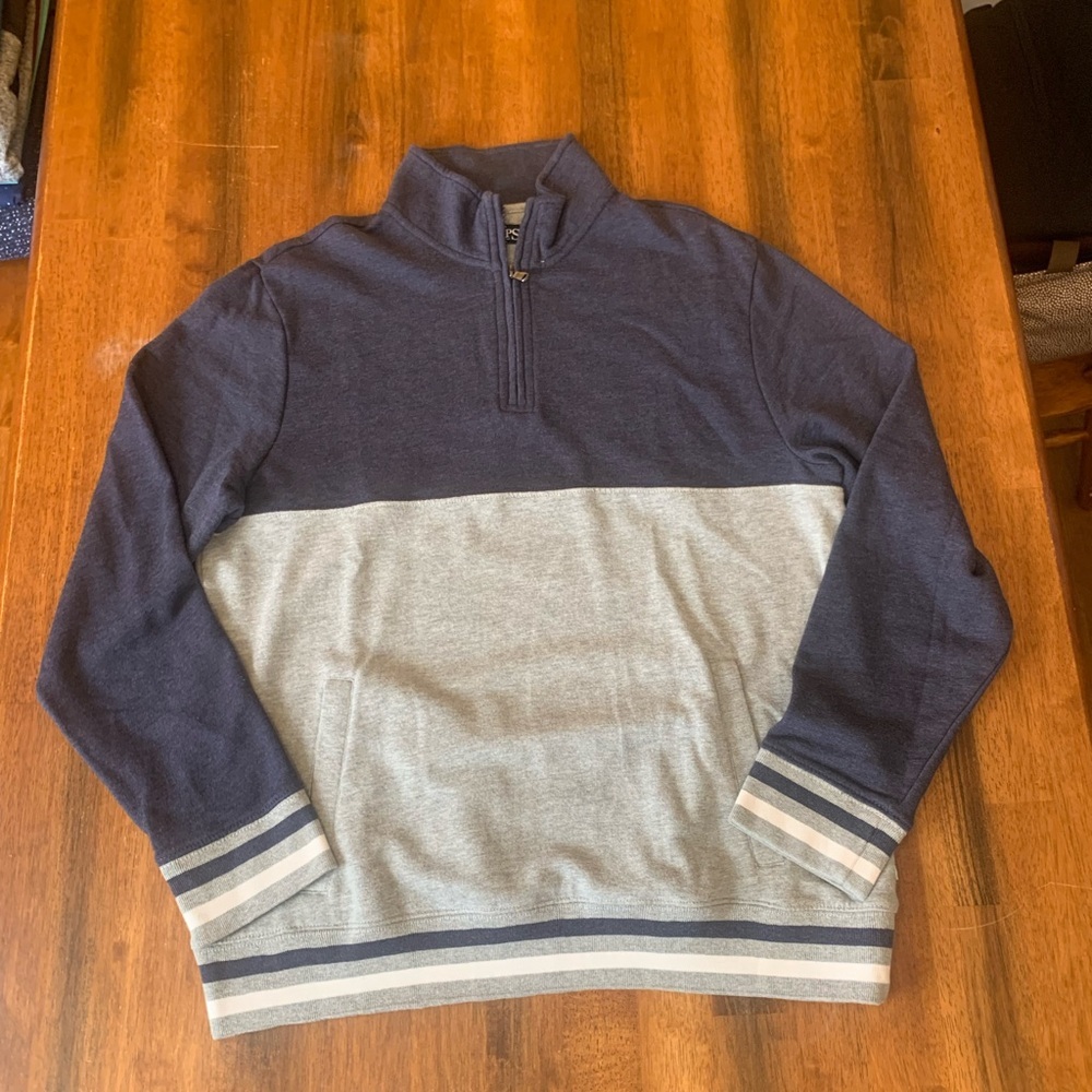 Chaps Sweatshirt Large Blue Gray Quarter Zip Pockets Sweater Soft Casual
